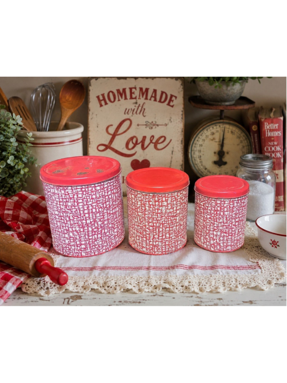 Vintage Parade Red & White Metal Canister Set | 3 Piece Mid Century Kitchen Deco